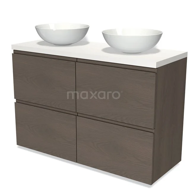 Holz Badezimmermöbel mit Doppelwaschbecken, modernes Design, dunkle Eiche Farbe und keramische weiße Schalen.