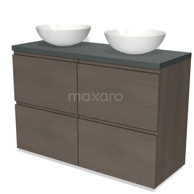 Modulo Plato Vanity units for countertop basin | 120 cm Dark brown oak Handle-less front Dark grey worktop 4 high drawers BMK14-00705