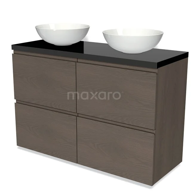 Modulo Plato Badmöbel mit Aufsatzwaschbecken | 120 cm Dunkelbraune Eiche Grifflos front Hochglanz Schwarz blatt 4 hohe Schubladen BMK14-00706 Eichenholz-Waschtisch mit vier Schubladen, schwarzer Platte und doppelten weißen Schalen; stilvoll für ein modernes Badezimmer.