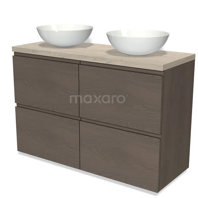 Doppelwaschbeckenmöbel in Holzoptik mit beiger Platte und runden weißen Schalen, perfekt als moderne Badezimmerlösung.