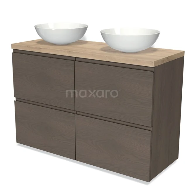 Badmöbel für Aufsatzwaschbecken 120cm Modulo Plato dunkelbraune Eiche 4 hohe Schubladen grifflos hellbraune Eiche Platte BMK14-00709 Modernes Badmöbel, Holzoptik Unterschrank mit doppelten Aufsatzwaschbecken, Taupe-Farbe und schlankem Design. Perfekt für deinen Badezimmerstil.