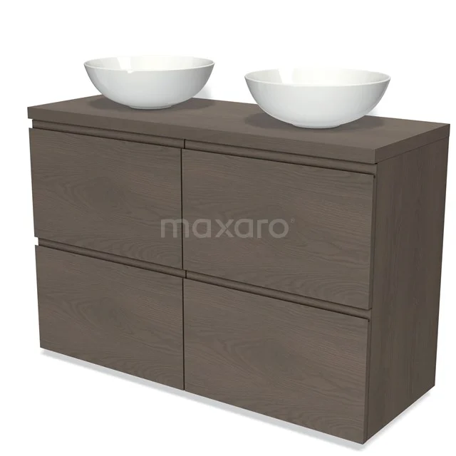 Dunkles Badezimmermöbel mit zwei weißen Aufsatzwaschbecken, modernes Design, ideal für moderne Bäder.