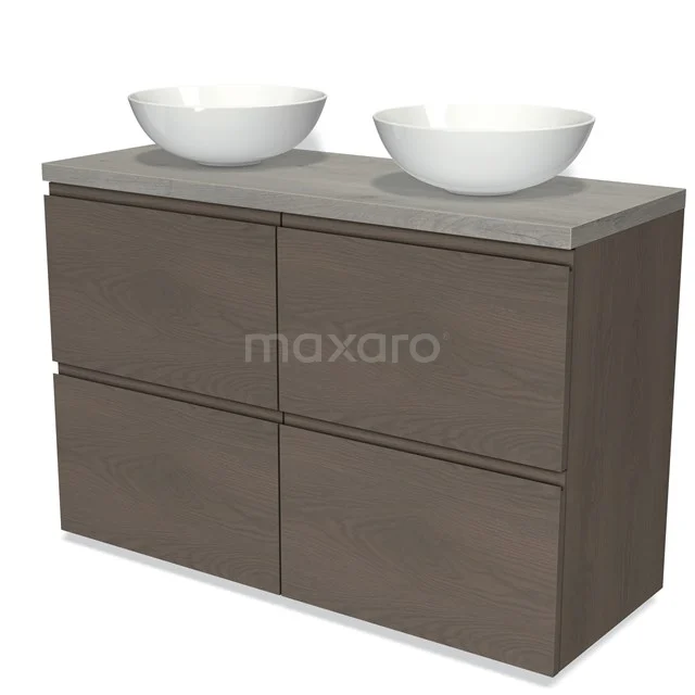 Modern Badmöbel mit Betonlook Platte, doppelten weißen Aufsatzwaschbecken und einem holzfarbigen Schrank mit vier Schubladen für stilvollen Stauraum.