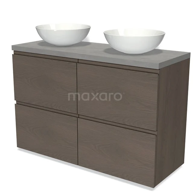 Braunes Holz Badezimmermöbel mit doppelten runden weißen Aufsatzwaschbecken und grauer Platte, modernes und schlichtes Design.