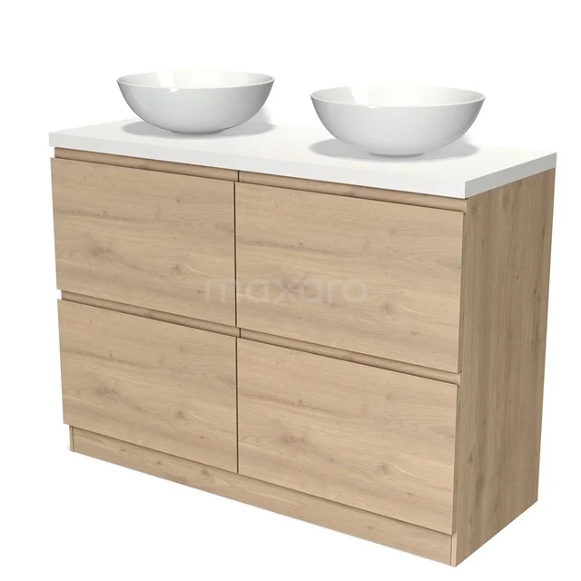 Holz Badezimmermöbel mit doppelten Aufsatzwaschbecken, heller Eiche-Oberfläche, modernem Design und praktischen Schubladen.