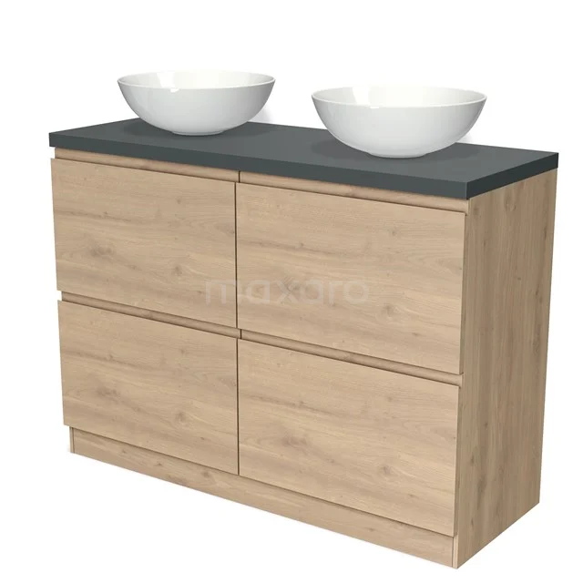 Houten badkamermeubel met vier lades, zwart blad en twee witte waskommen, modern design.