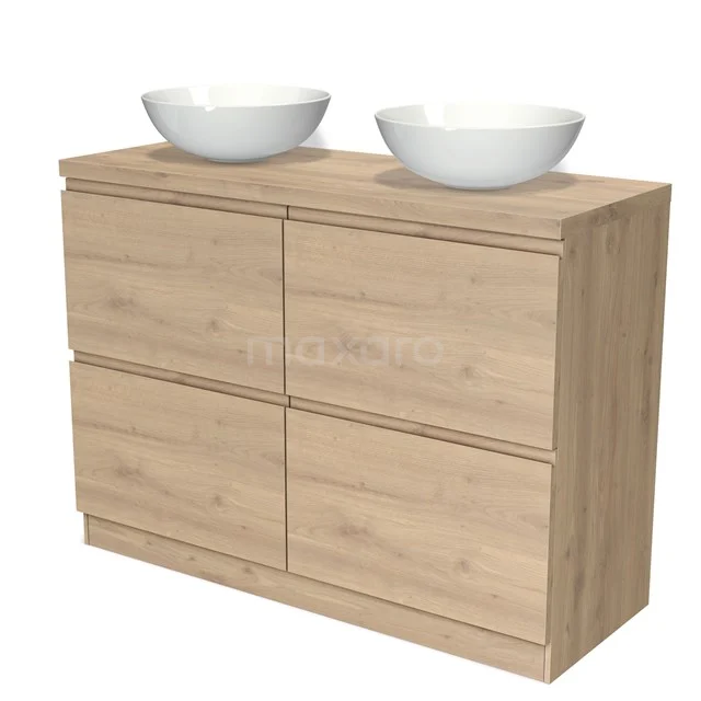 Houten badkamermeubel met lichte eikenhouten afwerking, dubbele waskommen, en vier opberglades voor een stijlvolle badkamer.