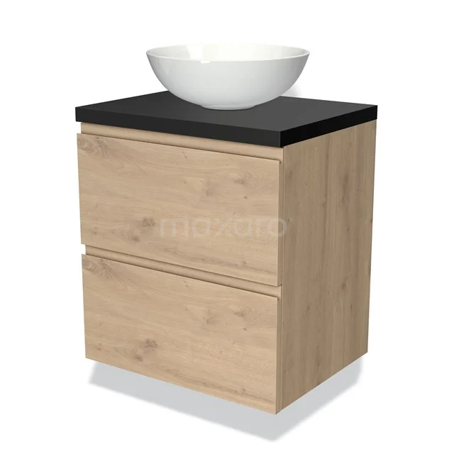 Eichenholz Badmöbel mit schwarzer Platte und runder weißer Waschbecken, modernes Design für stilvolle Badezimmer Einrichtung.