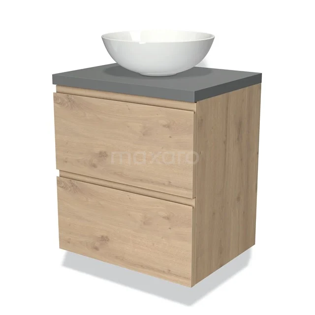 Badmöbel für Aufsatzwaschbecken 60cm Modulo Plato Hellbraune Eiche 2 Schubladen Grifflos Mittelgraue Platte BMK17-01806 Holz-Badmöbel mit weißem Aufsatzwaschbecken und grauer Platte, modernes Erscheinungsbild, ideal für kompakte Bäder.