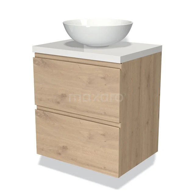 Holz Badezimmermöbel mit zwei Schubladen und einem weißen Aufsatzwaschbecken, modernes Design, ideal für ein stilvolles Badezimmer.