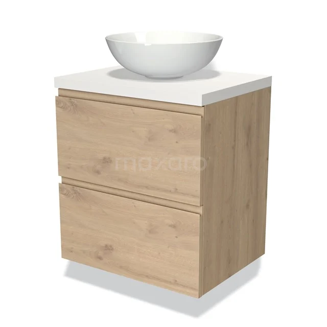 Modulo Plato Vanity units for countertop basin | 60 cm Light brown oak Handle-less front Matte white worktop 2 Stacked drawers BMK17-01808