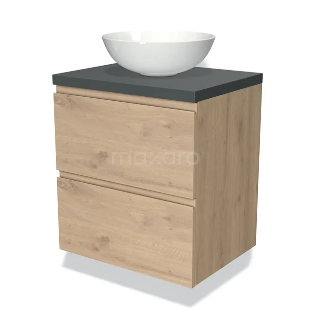 Modulo Plato Vanity units for countertop basin | 60 cm Light brown oak Handle-less front Dark grey worktop 2 Stacked drawers BMK17-01809