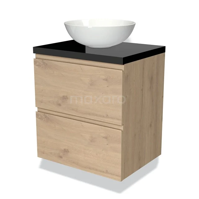 Holz Badezimmermöbel mit Schwarz Platte und weißen runden Aufsatzwaschbecken, modernes Design mit zwei Schubladen.