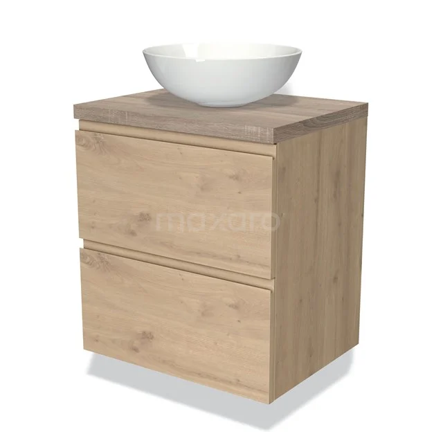 Holz-Badmöbel mit zwei Schubladen und weißem ovalen Waschbecken, ideal für eine moderne Badezimmergestaltung.