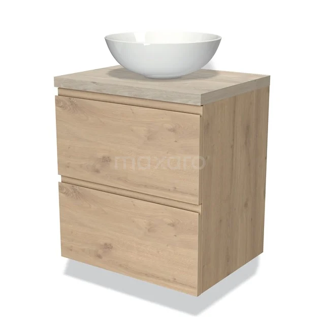 Badmöbel für Aufsatzwaschbecken 60cm Modulo Plato Hellbraune Eiche 2 Schubladen Grifflos Hellgraue Eiche Platte BMK17-01812 Holz Badezimmermöbel mit Aufsatzwaschbecken, helles Eichenholz, 2 Schubladen und Natursteine Platte, kompaktes Design für moderne Bäder.