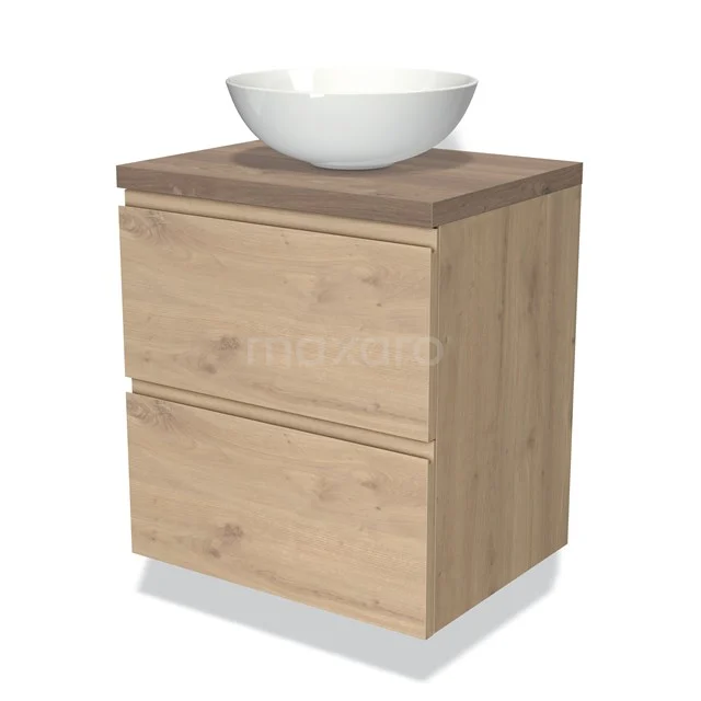 Holz Badschrank mit zwei Schubladen, keramischem Aufsatzwaschbecken und Eichenholzverarbeitung, ideal für moderne Badezimmerinterieurs.