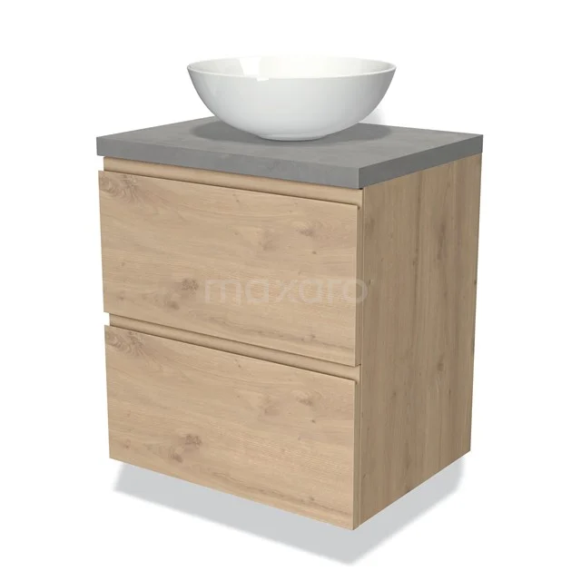 Hölzernes Badezimmermöbel mit zwei Schubladen, einer grauen Betonplatte und einem runden weißen Aufsatzwaschbecken, ideal für moderne Bäder.