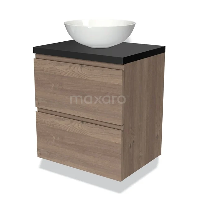 Holz-Badmöbel mit weißem Aufsatzwaschbecken, schwarzer Platte und zwei Schubladen, ideal für moderne Bäder.