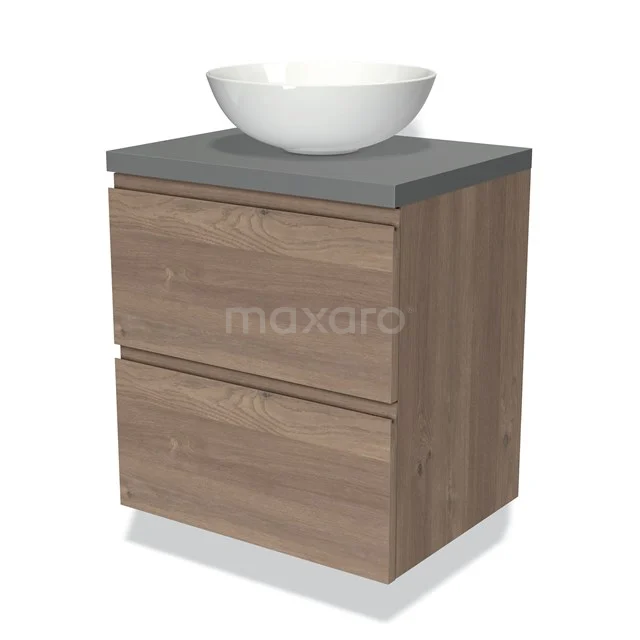 Modulo Plato Badmöbel mit Aufsatzwaschbecken | 60 cm Mittelbraune Eiche Grifflos front Mittelgrau blatt 2 übereinanderliegende Schubladen BMK17-01820 Holz Badezimmermöbel mit zwei Schubladen, Grau Platte und weißer schalenförmiger Waschbecken, modernes Design.