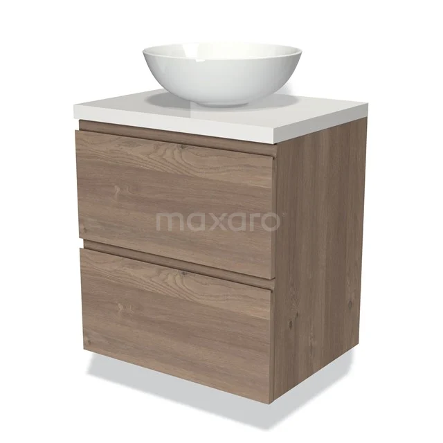 Houten badkamermeubel met witte opbouwkom, twee lades en modern design, perfect voor stijlvolle badkamerinrichting.