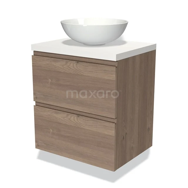 Houten badkamermeubel met twee lades, wit keramische wastafel en modern design, perfect voor compacte badkamers.