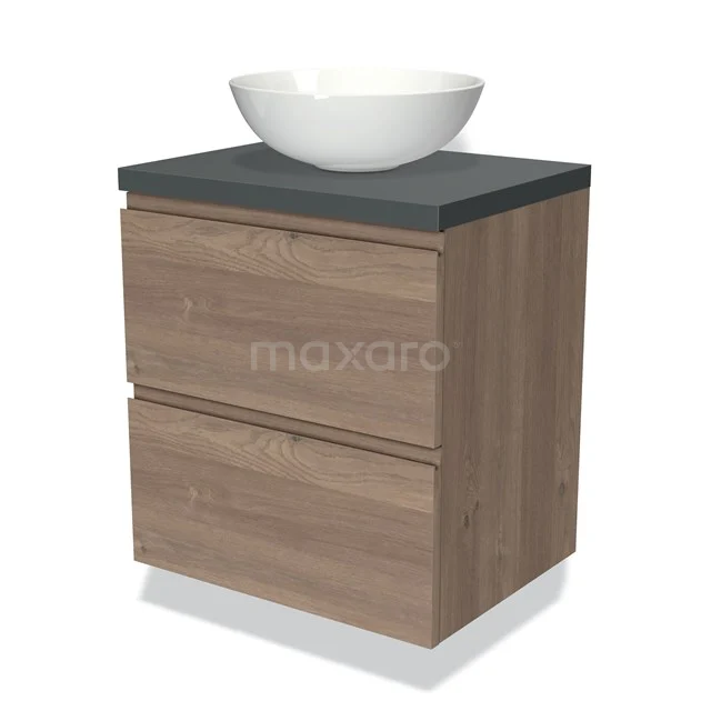 Houten badkamermeubel met grijze wastafelblad, witte keramische kom en twee lades voor opbergruimte. Modern en stijlvol ontwerp.