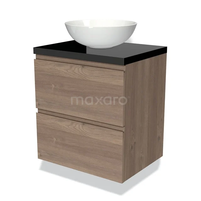 Badmöbel für Aufsatzwaschbecken 60cm Modulo Plato mittelbraune Eiche 2 Schubladen grifflos Hochglanz Schwarz Platte BMK17-01824 Holz-Badmöbel mit zwei Schubladen, schwarzer Oberseite und weißem Aufsatzwaschbecken, modernes Design für stilvolle Bäder.