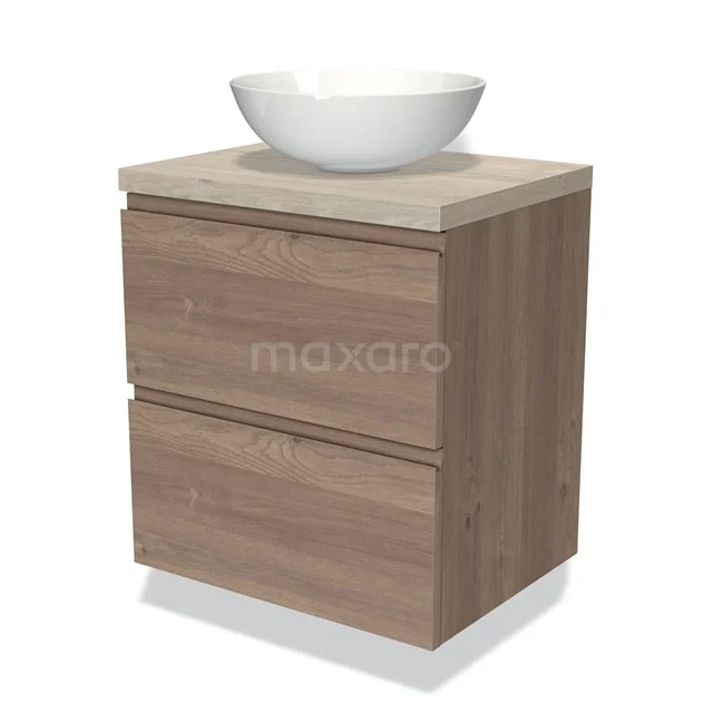 Houten badkamermeubel met twee lades en een moderne witte waskom bovenop, perfect voor een stijlvolle badkamer inrichting.