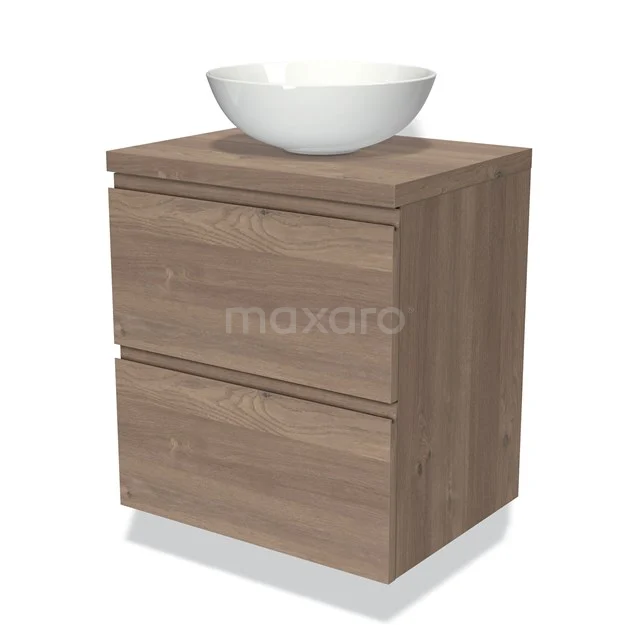 Holz Badmöbel mit Aufsatzwaschbecken, helle Eiche Optik, zwei Schubladen, platzsparendes Design für moderne Bäder.