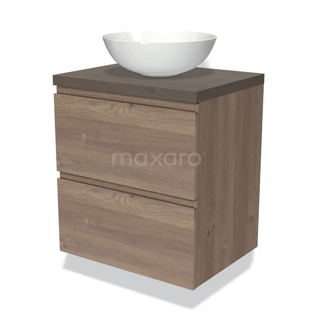 Houten badkamermeubel met twee lades, grijs blad en witte keramische wastafel, compact design voor een moderne badkamer.