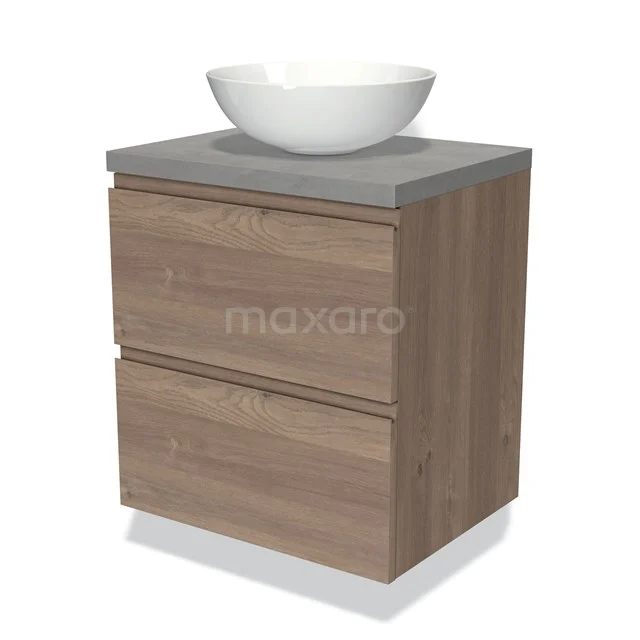 Houten badkamermeubel met grijs stenen blad en opbouw wastafel, compact design, perfect voor moderne badkamers.