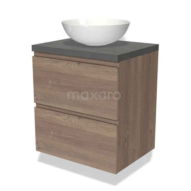 Houten badkamermeubel met moderne wastafel, grijs blad en twee lades, ideaal voor een stijlvolle en praktische badkamer.