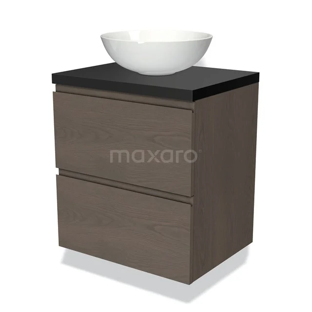 Hölzernes Badezimmermöbel mit dunkler Platte und weißem, rundem Aufsatzwaschbecken; modernes Design, ideal für stilvolle Badezimmergestaltungen.