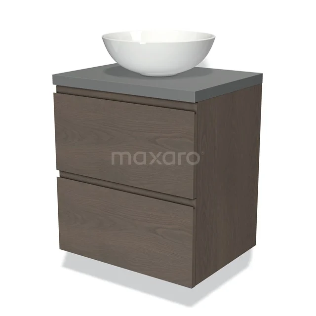 Modulo Plato Badmöbel mit Aufsatzwaschbecken | 60 cm Dunkelbraune Eiche Grifflos front Mittelgrau blatt 2 übereinanderliegende Schubladen BMK17-01834 Modernes Holz-Badmöbel mit Waschbecken, graue Platte und zwei Schubladen, ideal für ein stilvolles und praktisches Badezimmer.