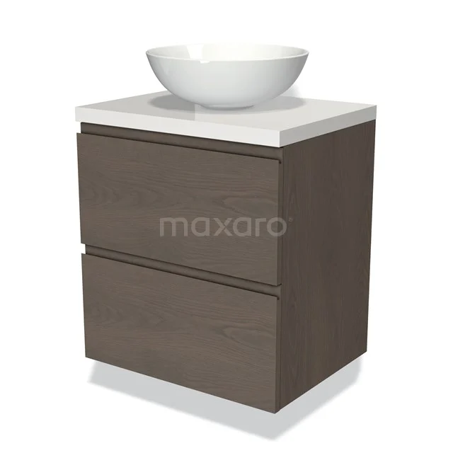 Braunes Holz-Badmöbel mit weißem Aufsatzwaschbecken, modernen geraden Linien und zwei Schubladen für praktischen Stauraum.