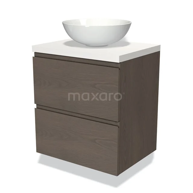 Badmöbel für Aufsatzwaschbecken 60cm Modulo Plato dunkelbraune Eiche 2 Schubladen grifflos Matt Weiß Platte BMK17-01836 Modernes Badmöbel mit Aufsatzwaschbecken, Holzoptik-Finish, kompakte Größe und zwei Softclose-Schubladen für praktischen Stauraum.