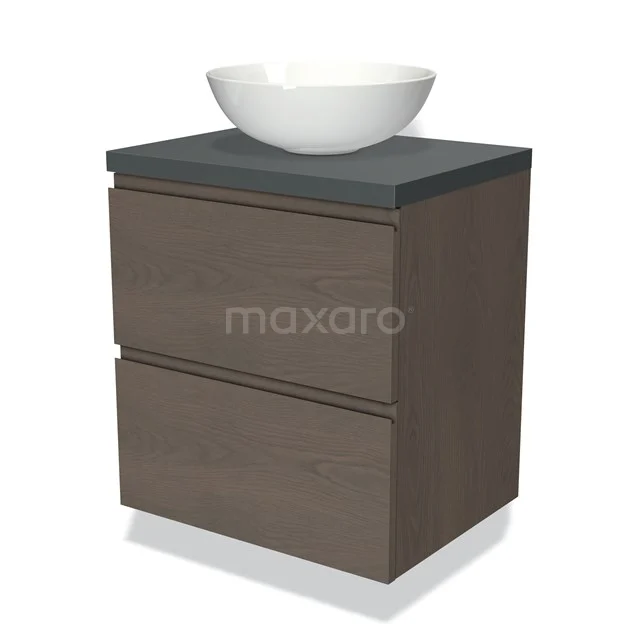 Badmöbel für Waschtischunterschrank mit Konsole 60cm Modulo Plato dunkelbraune Eiche 2 Schubladen grifflos Dunkelgrau Platte BMK17-01837 Badmöbel mit Holzoptik, Dunkelgrau Platte und weißem Aufsatzwaschbecken; modernes Design, ideal für eine stilvolle Badezimmer Einrichtung.