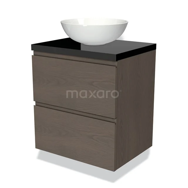 Braunes Holz Badezimmermöbel mit schwarzer Platte und weißem komforigen Waschbecken, modernes Design mit zwei Schubladen.