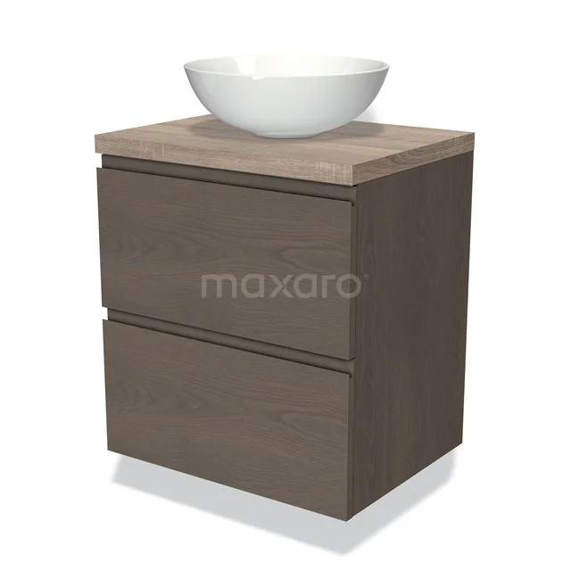 Modern Badmöbel mit Holzoptik, zwei Schubladen und einem stilvollen weißen schalenförmigen Waschbecken oben drauf.