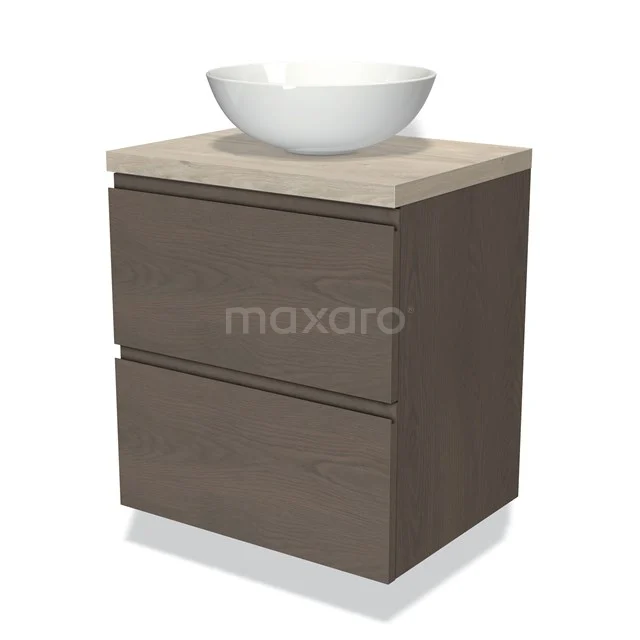 Holz Badezimmermöbel mit zwei Schubladen, beiger Platte und weißem Aufsatzwaschbecken; kompaktes Design für moderne Bäder.