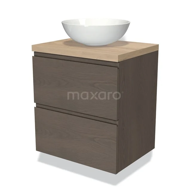 Hölzernes Badezimmermöbel mit zwei Schubladen, beiger Platte und weißem keramischen Aufsatzwaschbecken; stilvolles und kompaktes Design für jedes Badezimmer.