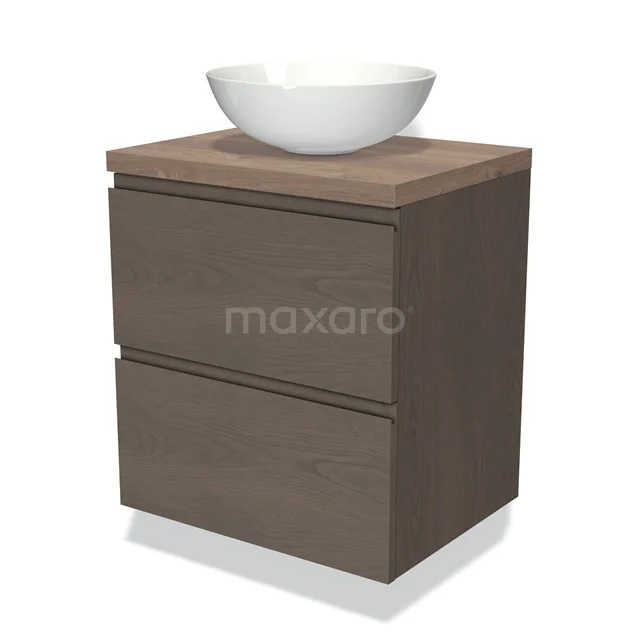 Modulo Plato Vanity units for countertop basin | 60 cm Dark brown oak Handle-less front Mid brown oak worktop 2 Stacked drawers BMK17-01842