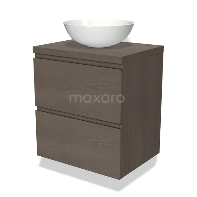 Holz Badezimmermöbel mit 2 Schubladen und keramischem Aufsatzwaschbecken, moderne Ausstrahlung, geeignet für eine stilvolle Badezimmer Einrichtung.