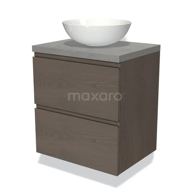 Badmöbel für Aufsatzwaschbecken 60cm Modulo Plato dunkelbraune Eiche 2 Schubladen grifflos hellgrauer Beton Platte BMK17-01845 Moderne Holz-Badmöbelset mit zwei Schubladen, grauer Platte und weißem Keramik-Aufsatzwaschbecken, perfekt für ein stilvolles Badezimmer.