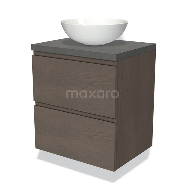 Holz-Badschrank mit zwei Schubladen, grauer Platte und Aufsatz-Waschbecken; kompaktes Design, ideal für moderne Bäder.