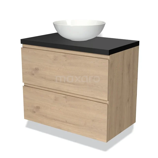 Badmöbelunterschrank mit Konsole 80cm Modulo Plato Hellbraune Eiche 2 Schubladen Grifflos Matt Schwarz Platte BMK17-01847 Hölzernes Badezimmermöbel mit zwei Schubladen, schwarzer Oberplatte und weißer keramischer Waschbecken, ideal für ein modernes Badezimmer.