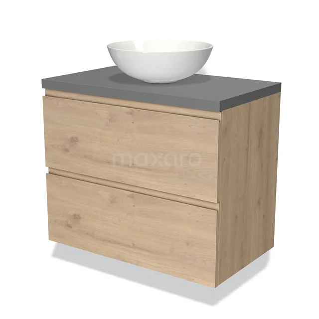 Houten badkamermeubel met grijze bovenplaat en witte waskom, compact ontwerp met twee lades, ideaal voor moderne badkamers.