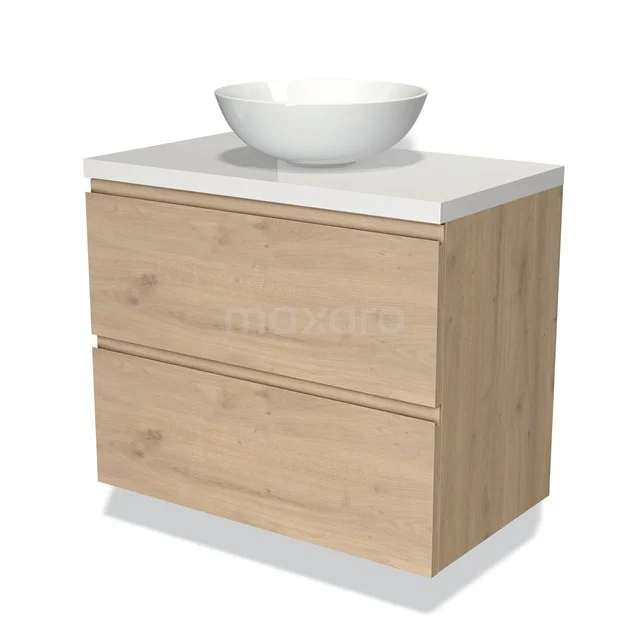 Houten badkamermeubel met twee lades, witte wastafelkom en modern design. Perfect voor stijlvolle badkameropslag.