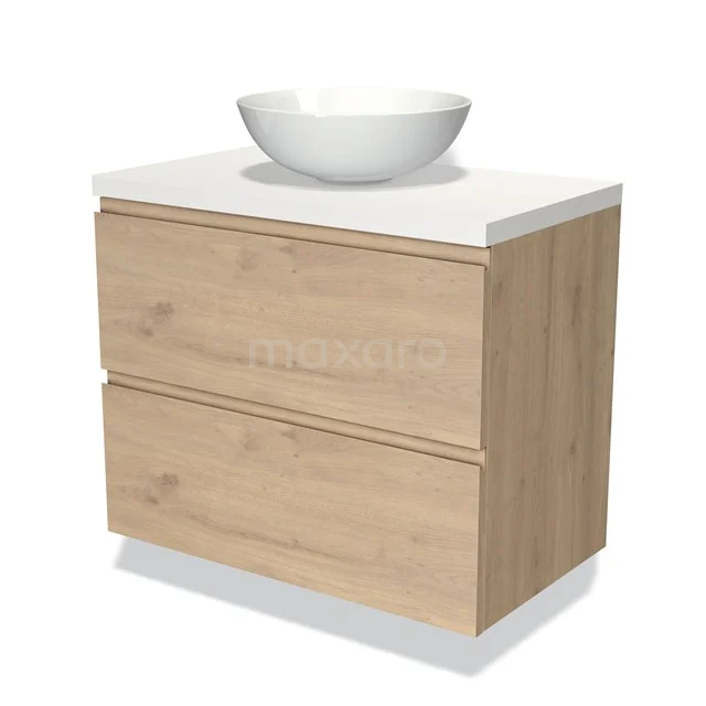 Houten badkamerkast met witte wastafel, modern ontwerp, twee lades, ideaal voor stijlvolle opbergruimte in de badkamer.