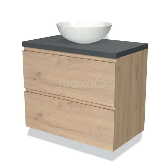 Houtlook badkamermeubel met twee lades, donkergrijs blad en witte waskom; strak design, ideaal voor moderne badkamers.